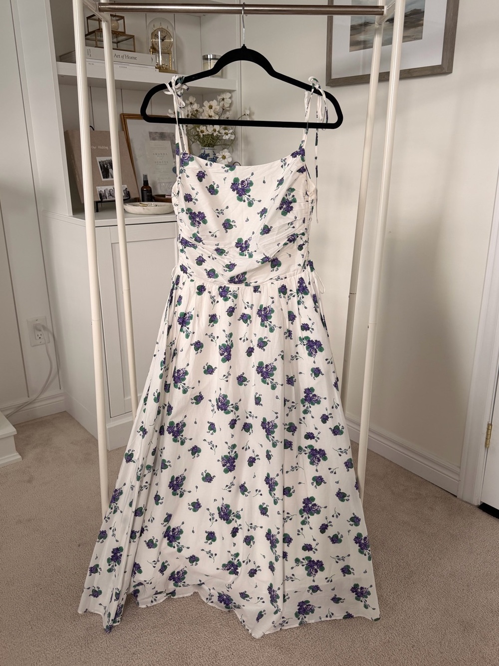 Jack IsenberG White Floral Dress with Purple & Green Print